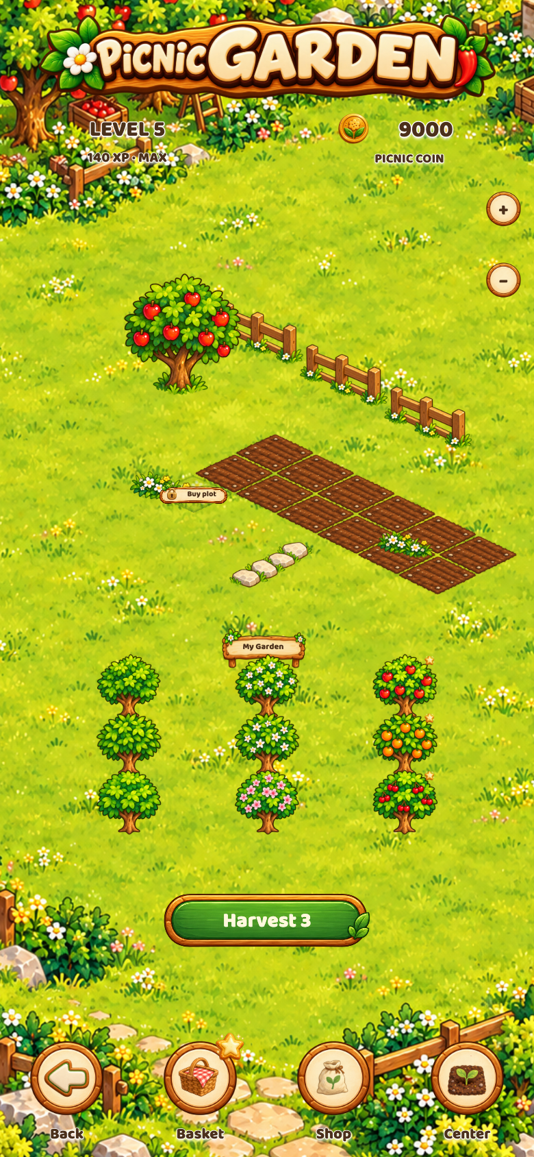 Picnic Garden in the game, with an orchard, planting plots and harvest button